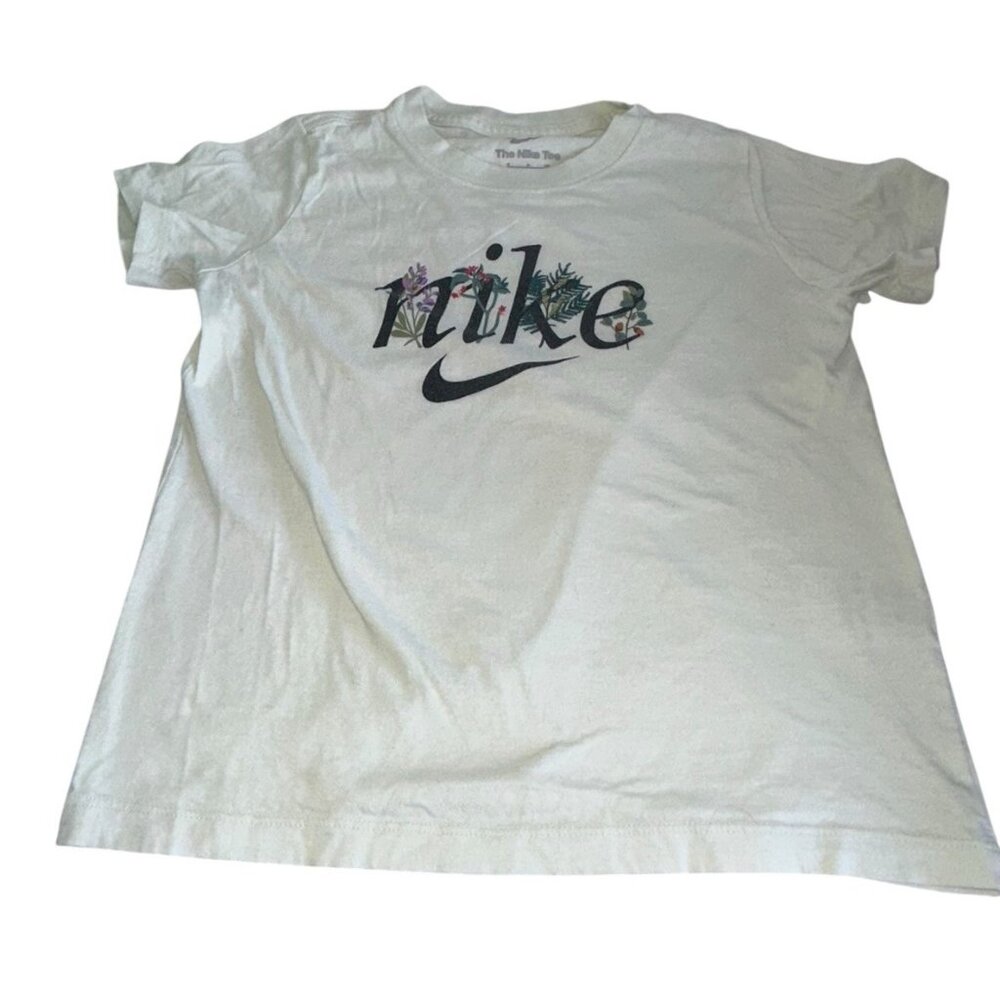 Nike Girls Short Sleeve T Shirt Size Small Off White Nike Logo Floral